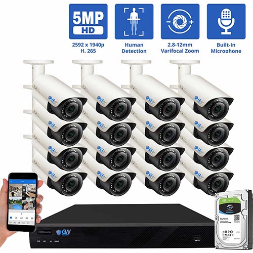 16 Channel NVR Security Camera System with 16 * 5MP IP Bullet 2.8-12mm  Varifocal Lens Camera, Human Detection, 4X Optical Zoom, Built-In  Microphone, 